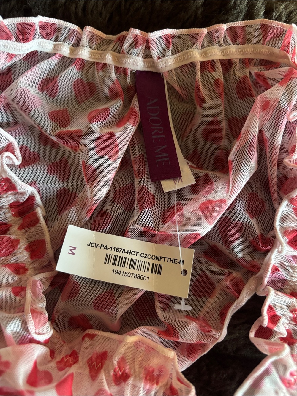 Adore Me Sheer Pink Bikini Brief with Red Heart Print and Ruffles - Picture 3 of 3